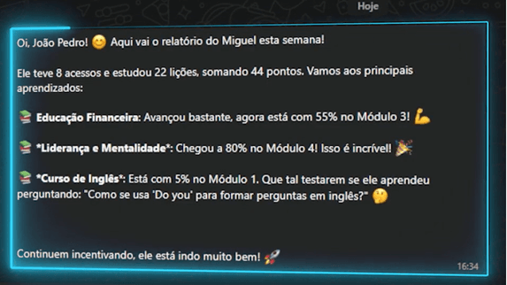 Relatório semanal enviado via WhatsApp para os pais